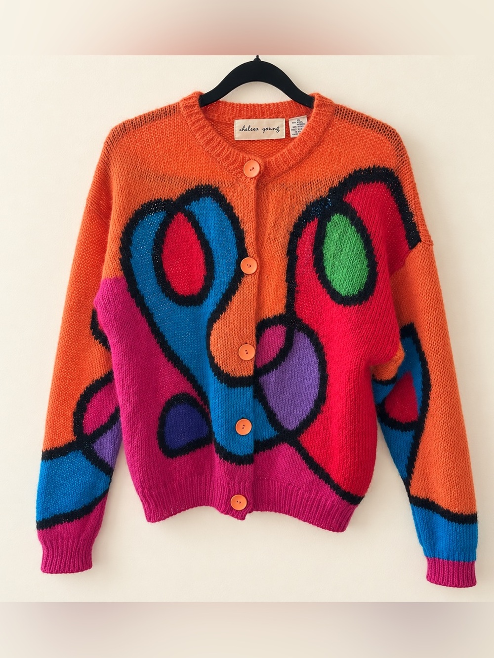 Vintage 90s Chelsea Young Mohair Cardigan Abstract Colorblock Sweater M